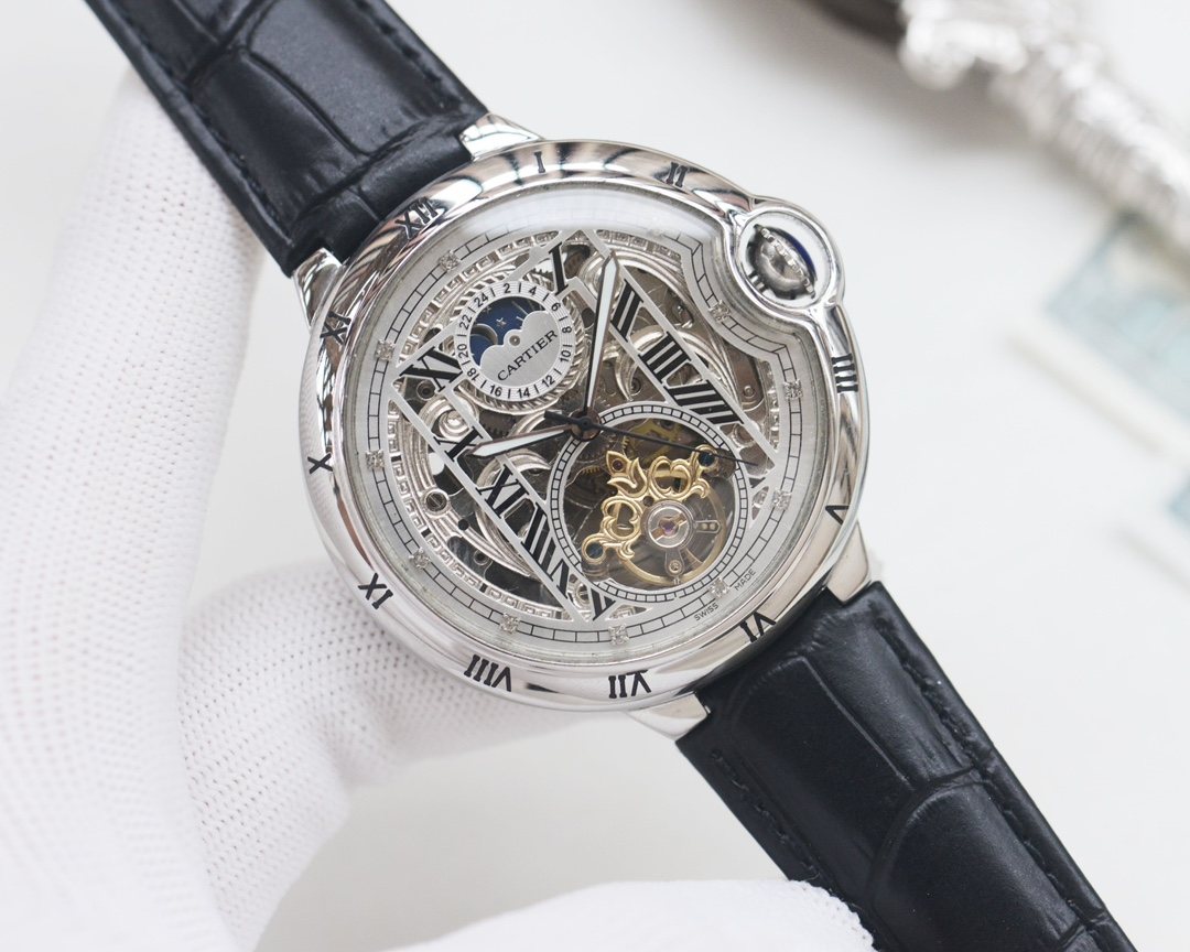 Cartier Silver Black Leather Strap Watch