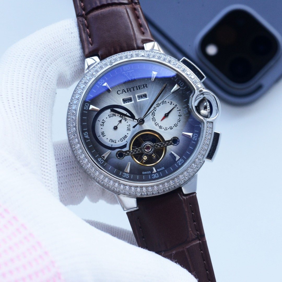 Cartier Brown Blue Silver Dial Leather Strap Watch