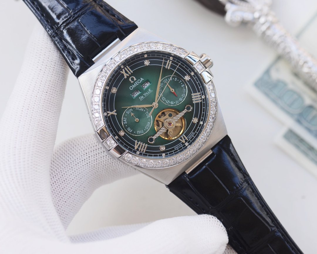 OMEGA Silver Black Green Dial Strap Watch