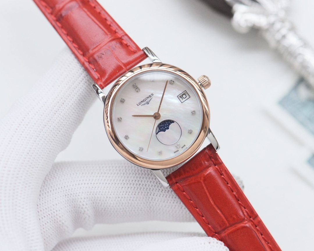 Longines Red Rose Gold White Dial Strap Watch