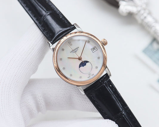 Longines Black Rose Gold White Dial Strap Watch