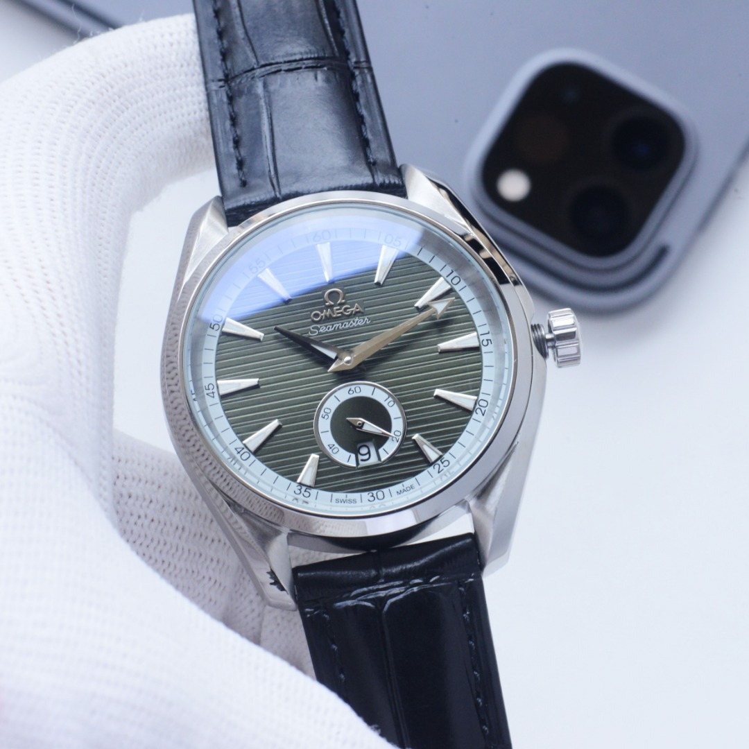 OMEGA Black Silver Green Dial Leather Strap Watch