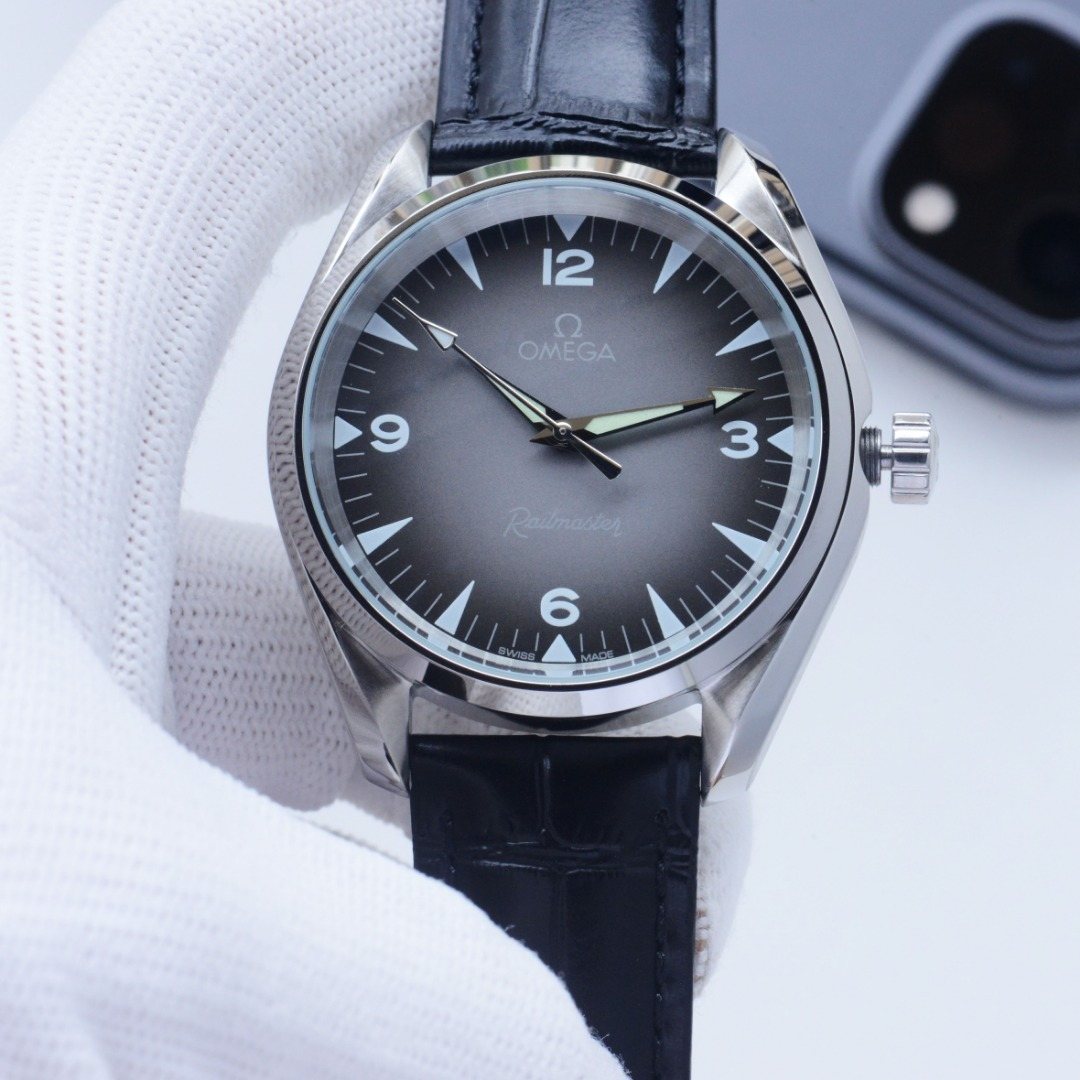 OMEGA Black Leather Strap Watch