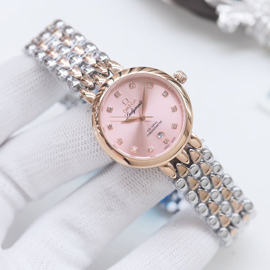 Omega Two Tone Rose Gold Pink Dial Bracelet Watch