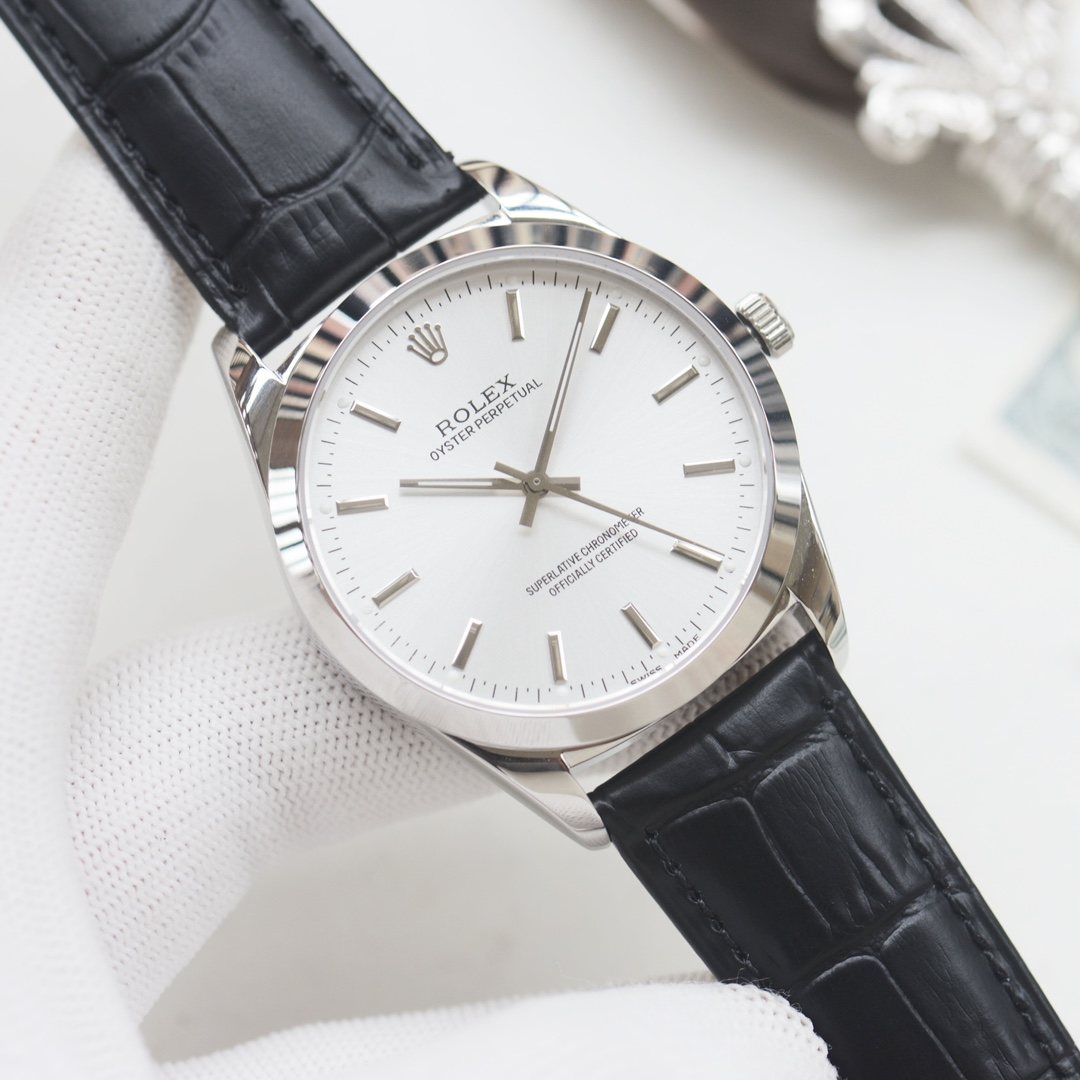Rolex Silver Black White Dial Leather Strap Watch