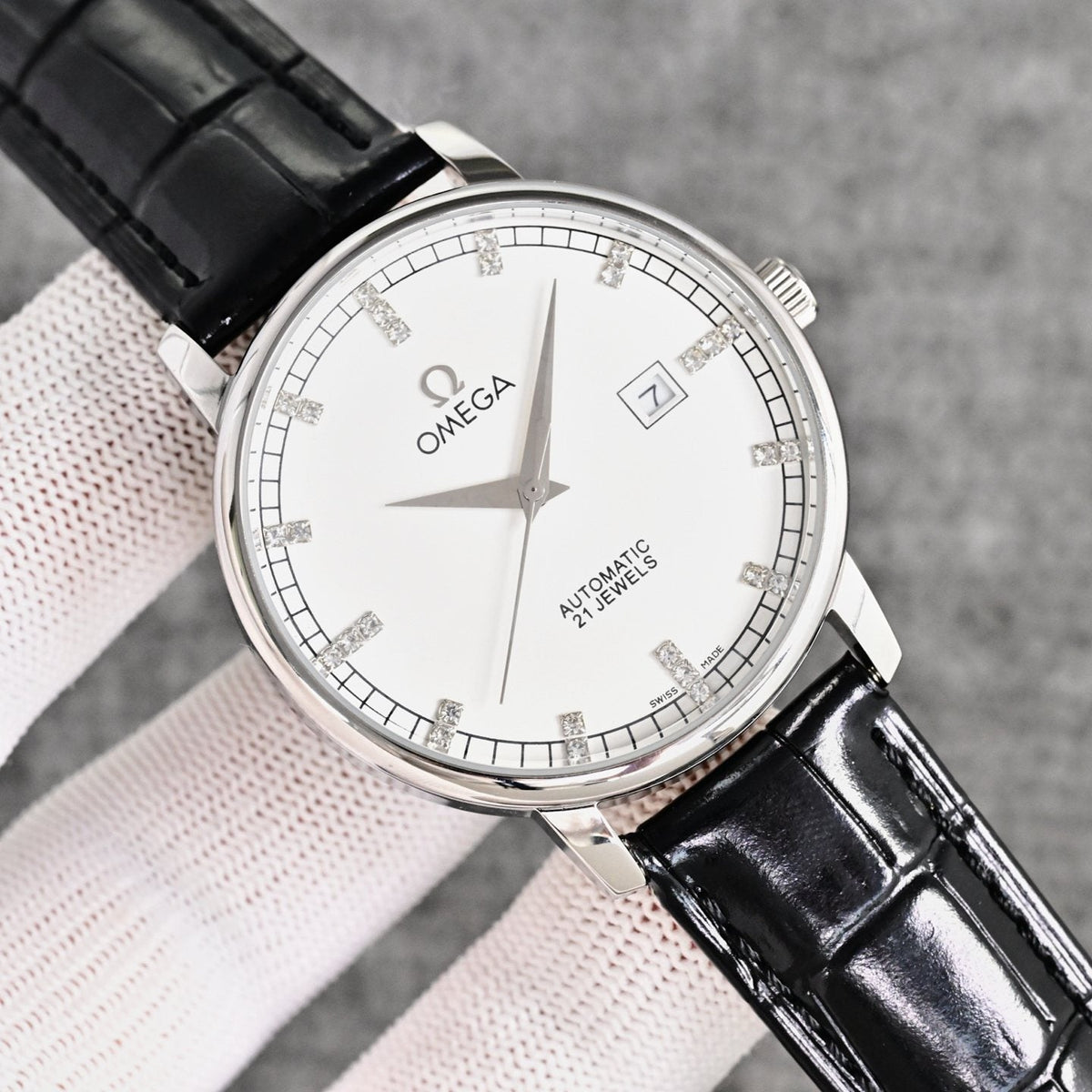 Omega Silver Black White Dial Strap Watch