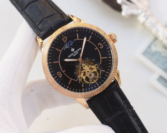 Patek Philippe Rose Gold Black Dial Strap Watch