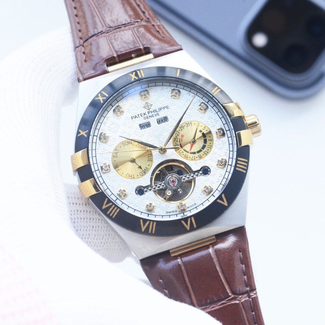 Patek Philippe Brown Two Tone White Dial Leather Strap Watch