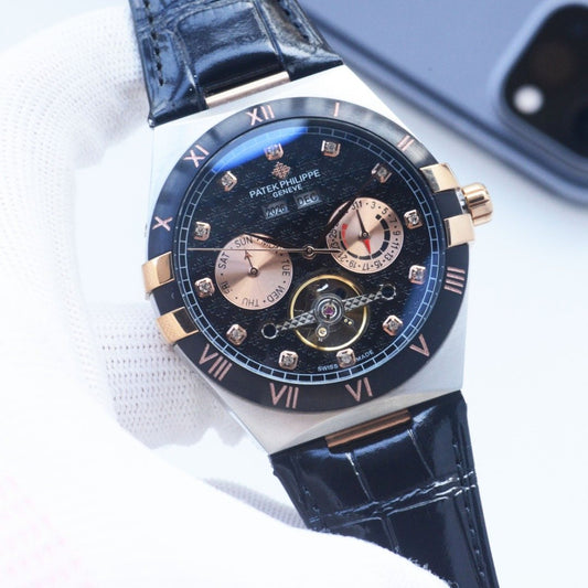 Patek Philippe Two Tone Black Dial Leather Strap Watch