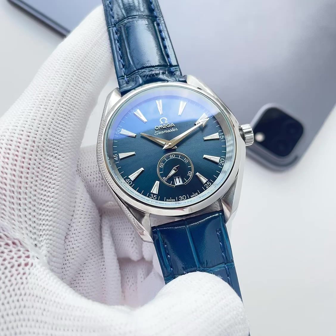OMEGA Blue Dial Leather Strap Watch