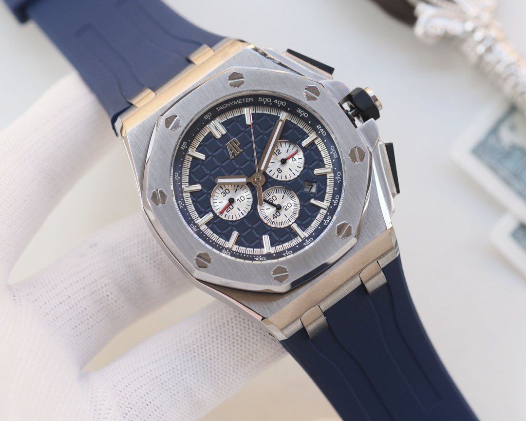 Audemars Piguet Silver Blue Dial Strap Watch
