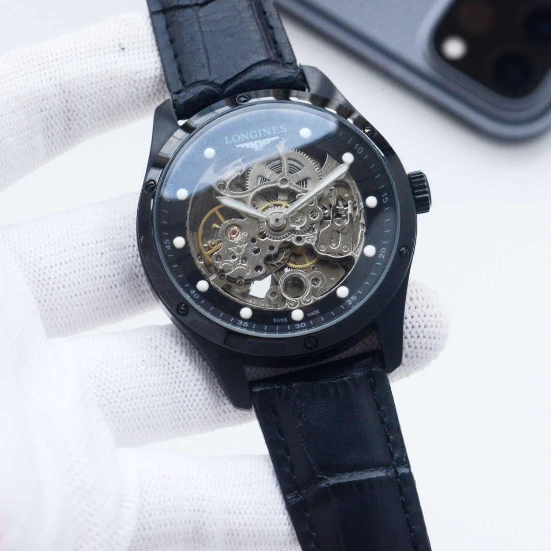 Longines Black Leather Strap Watch