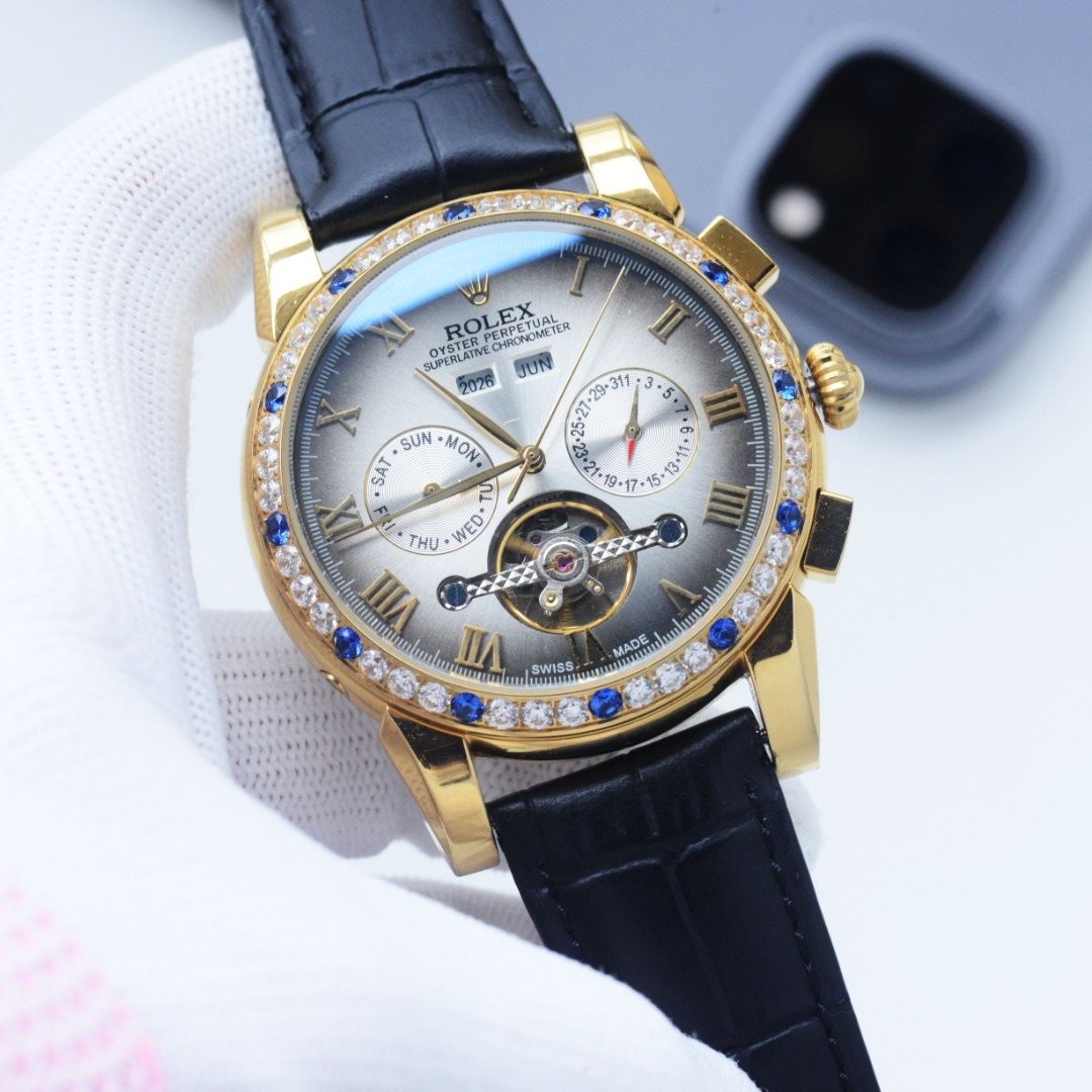 Rolex Gold Black White Dial Strap Watch