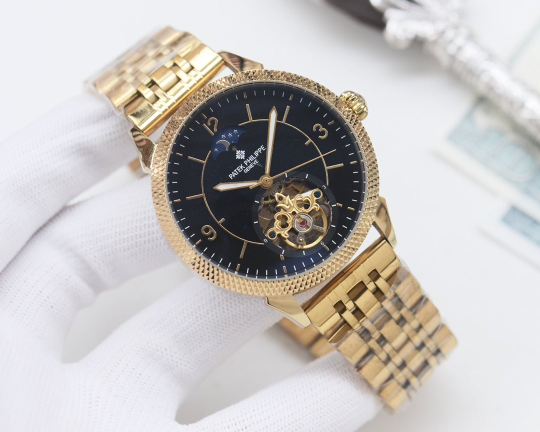 Patek Philippe Gold Black Dial Bracelet Watch