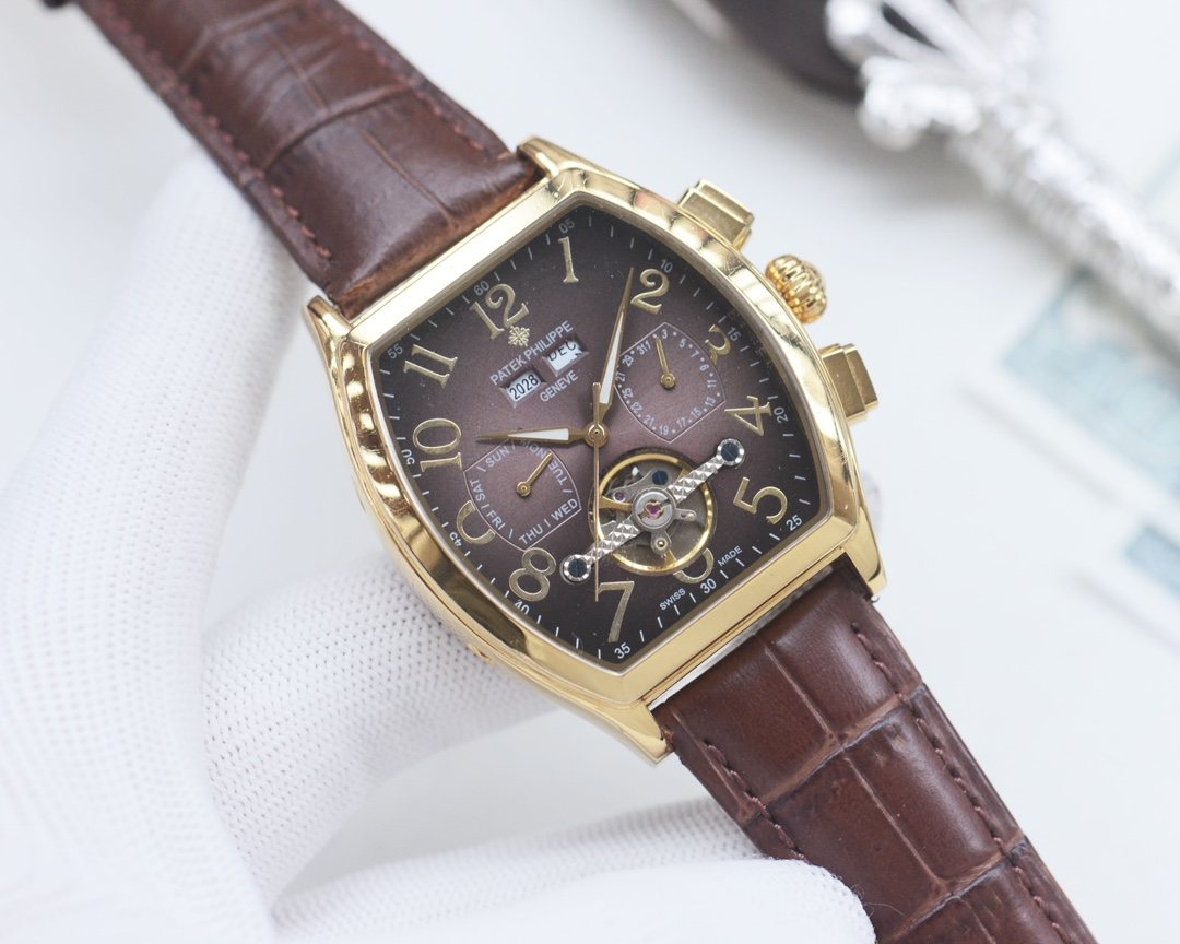 Patek Philippe Gold Brown Black Dial Strap Watch
