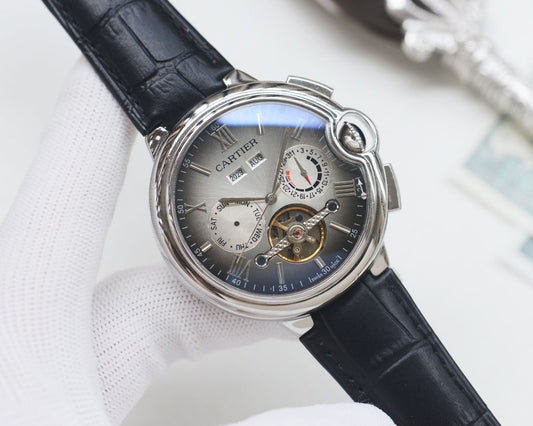 Cartier Black Silver White Dial Leather Strap Watch