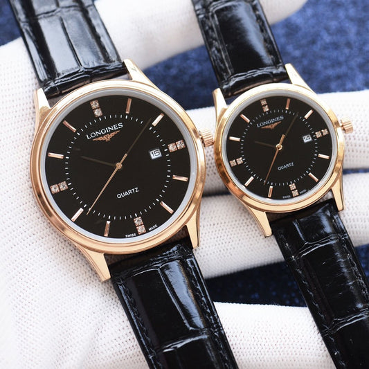 Longines Black Strap Rose Gold Couple Watch Set
