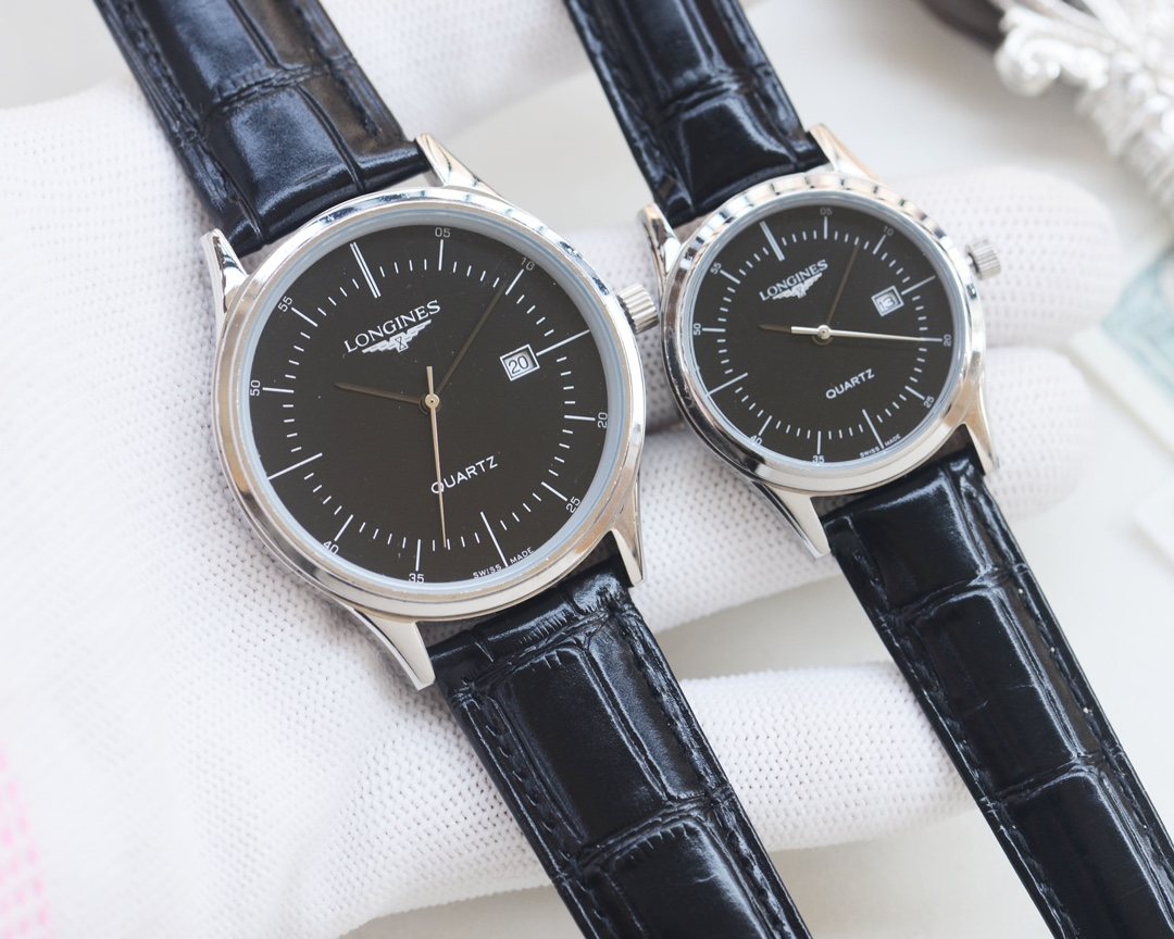 Silver Black Dial Leather Strap Couple Watch Set