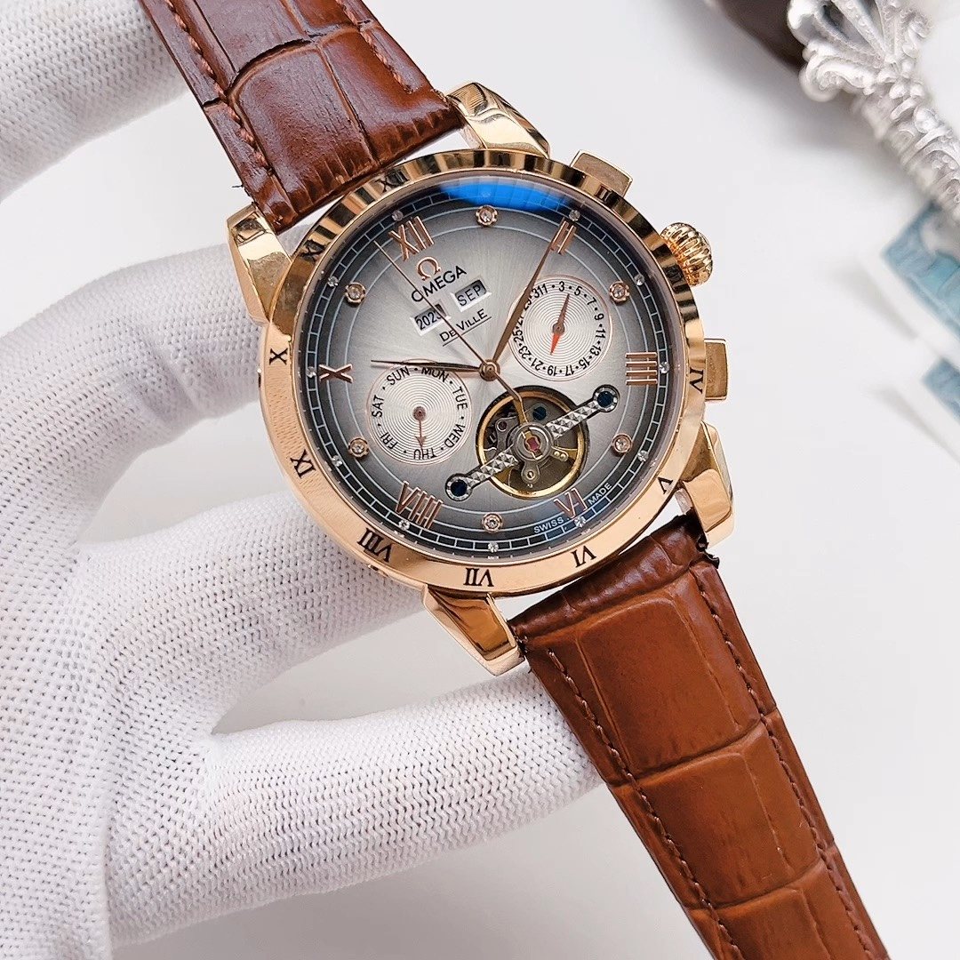 OMEGA Brown Rose Gold Silver Dial Strap Watch