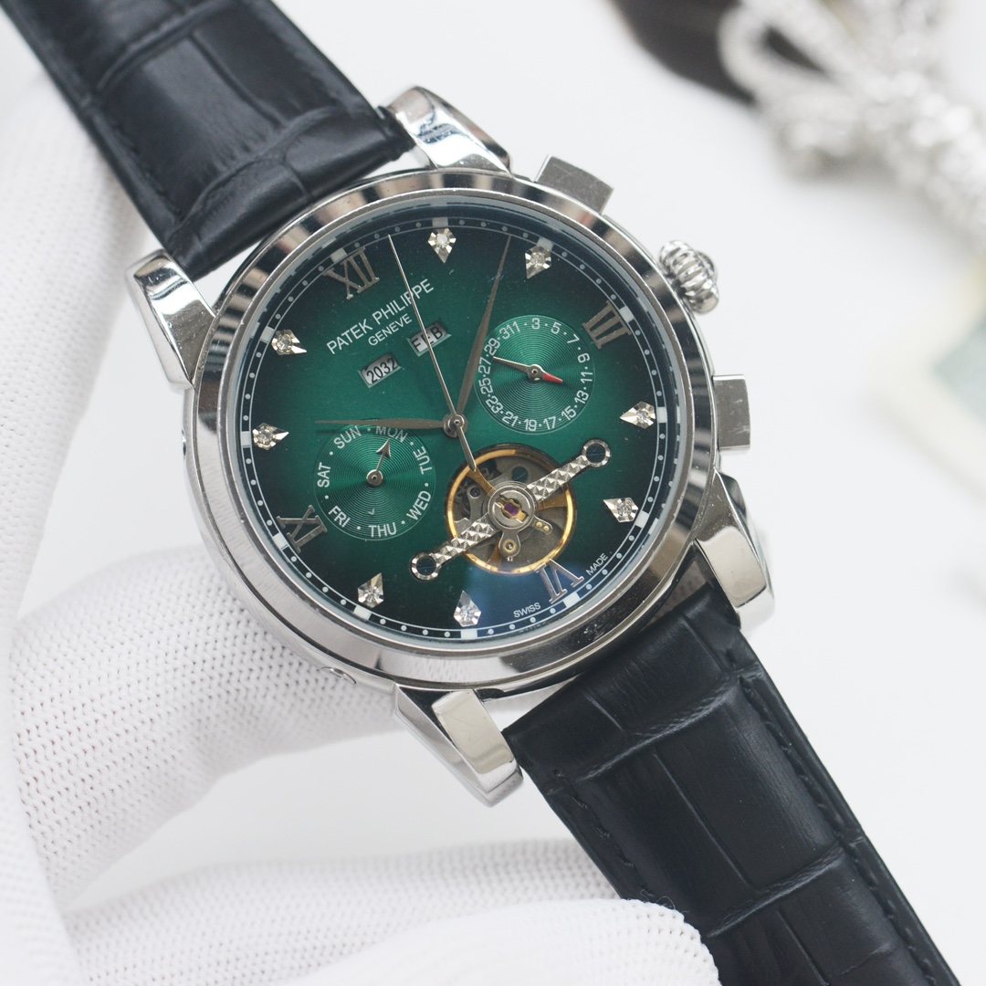 PATEK PHILIPPE Silver Black Green Dial Leather Strap Watch