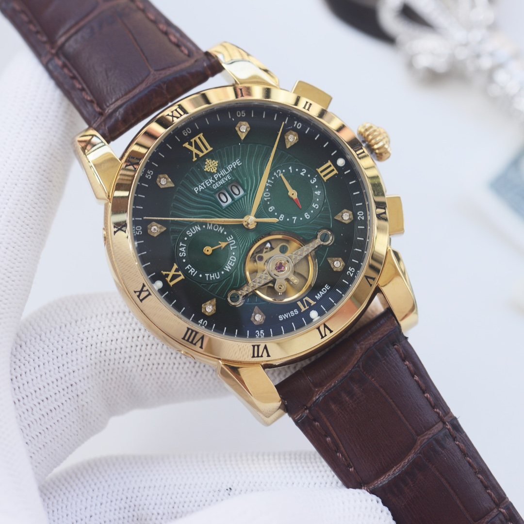 PATEK PHILIPPE Brown Gold Green Dial Strap Watch