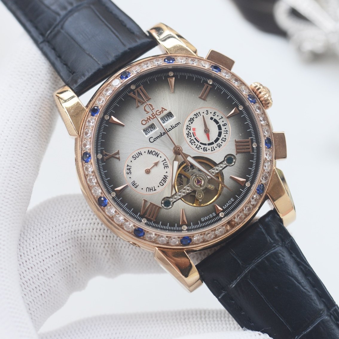 OMEGA Gold Black Silver Dial Strap Watch
