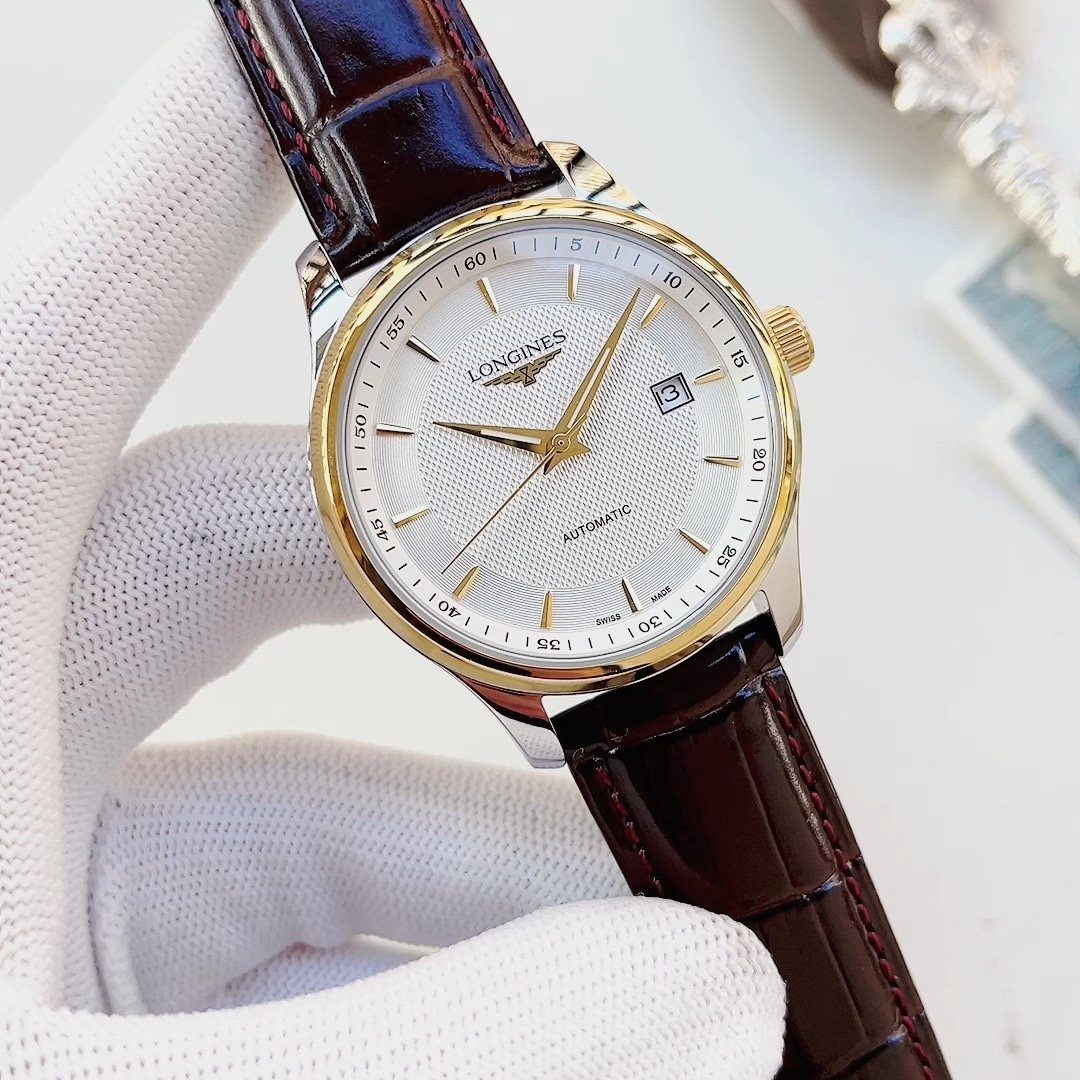 LONGINES Brown Silver White Dial Leather Strap Watch